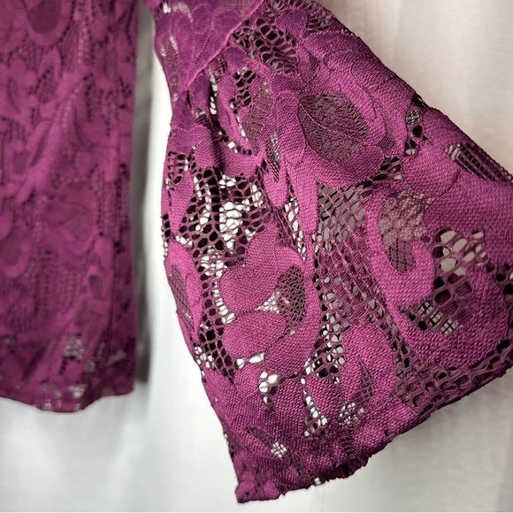 INC Women's Lace Top Sheer Bell Sleeve Purple Burgundy Size S Dark Fairy Boho - Picture 3 of 9